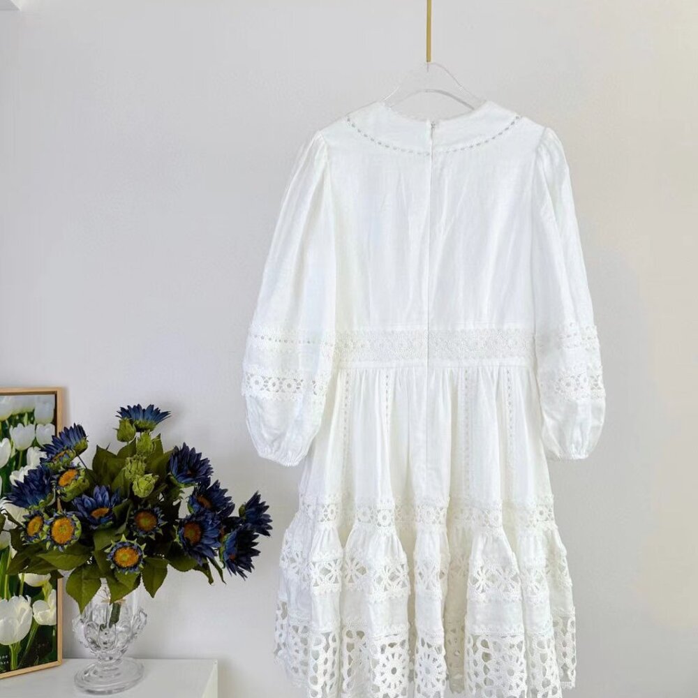 Romantic White Lace Dress: V - Neck, Puff Sleeves & Tiered Skirt